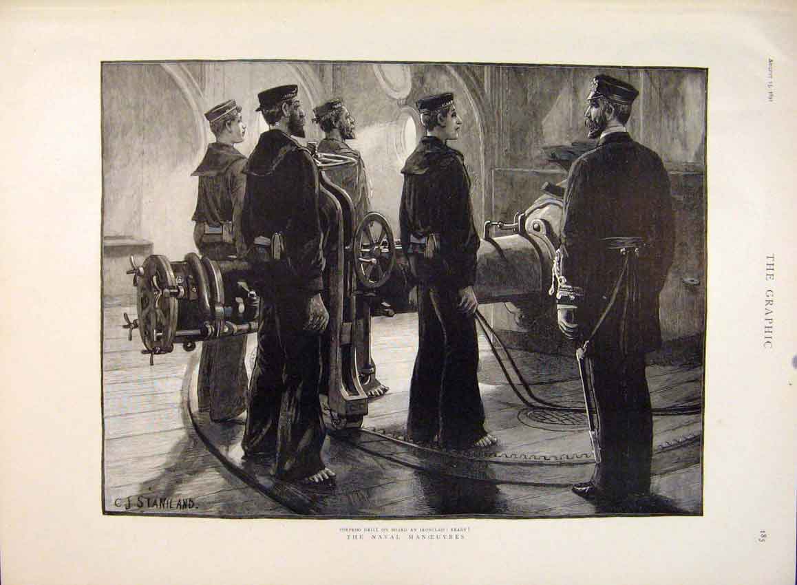 Old Antique Print Naval Manoeuvres Torpedo Drill Ironclad Staniland 1891 19th