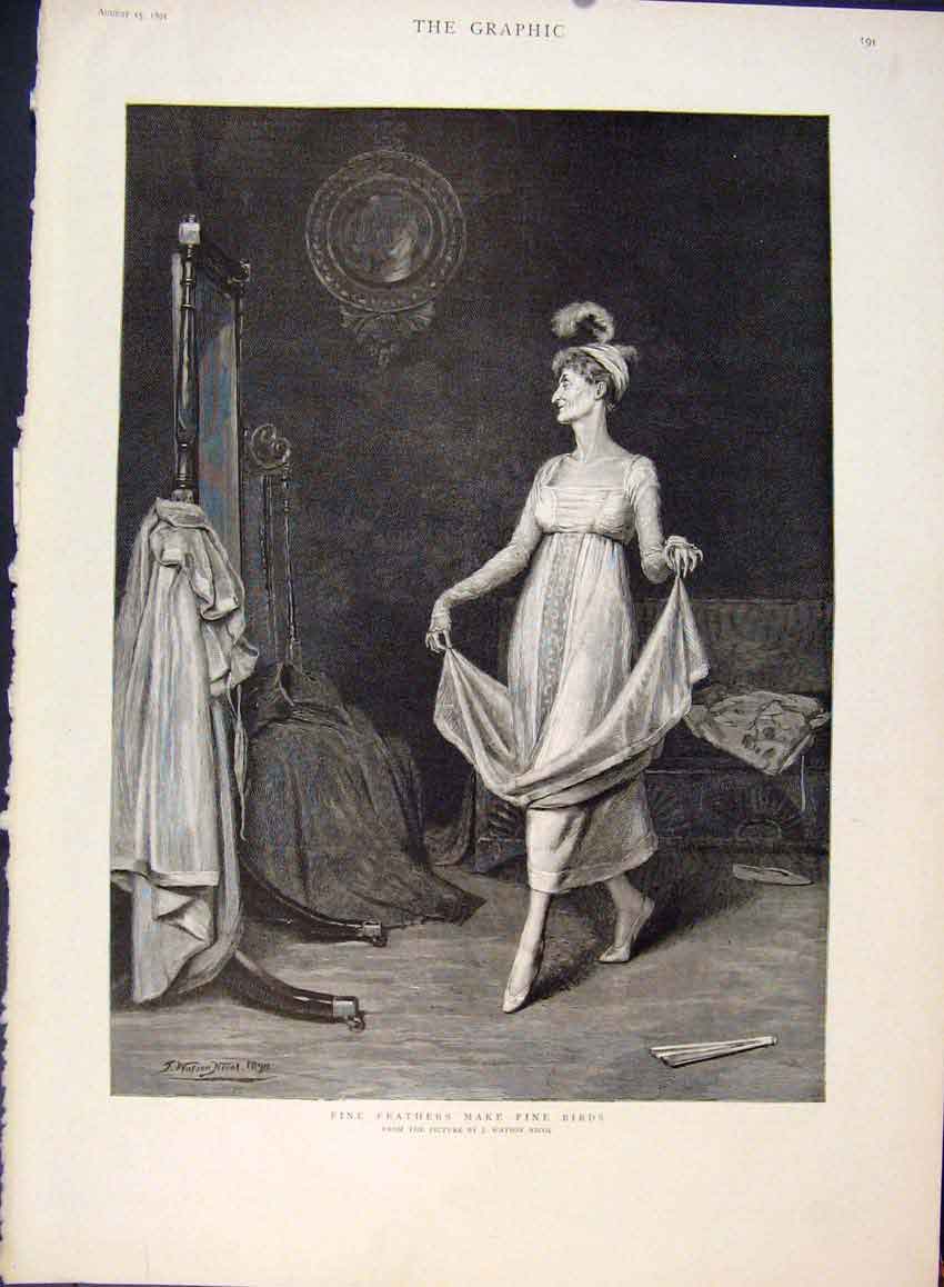 Original Old Antique Print Feathers Birds Nicol Lady Woman Fine Art 1891 19th