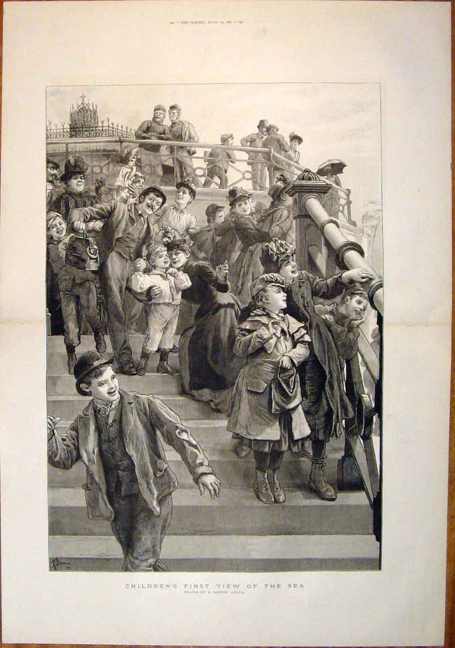 Original Old Antique Print Children Sea Barnes Fine Art 1891 Boys Girls 19th