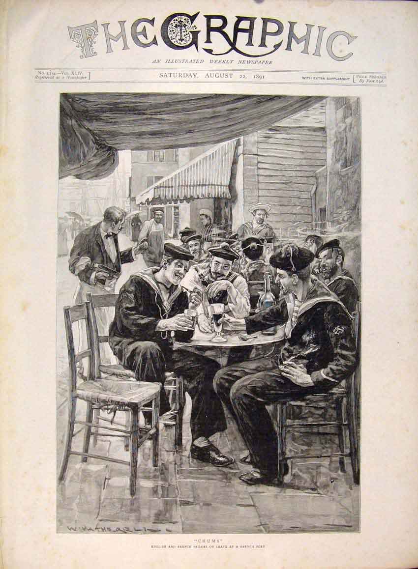 Original Old Antique Print Chums Sailors Friends English French 1891 Victorian