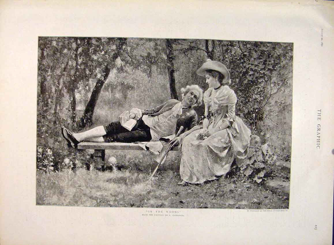 Original Old Antique Print Woods Lady Man Romance Andreotti Fine Art 1891 19th