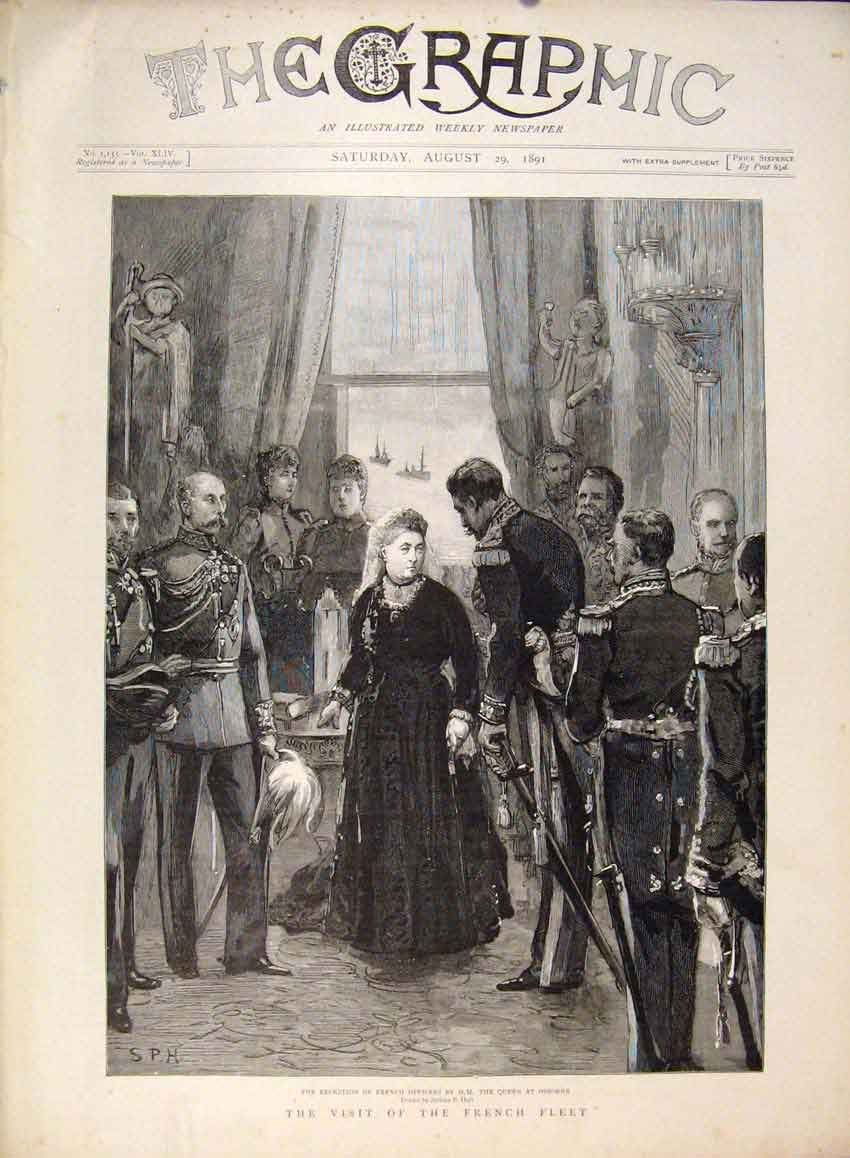 Original Old Antique Print French Fleet Hall Queen Osborne Sailors Marengo 1891