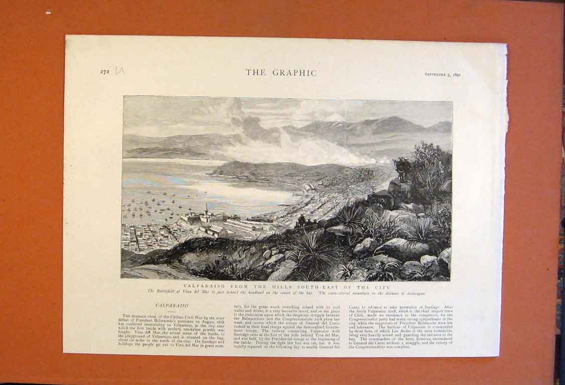Old Antique Print Valparaiso Hill City View Vina Del Mar Battlefield 1891 19th