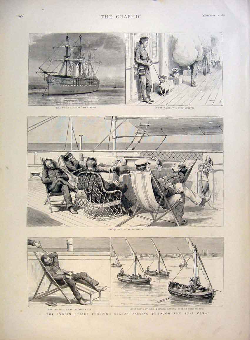 Original Old Antique Print Indian Relief Trooping Season Suez Canal 1891 19th