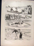 Original Old Antique Print Canoeing Incident Seaside Canoe Man Lady 1891 19th