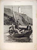 Original Old Antique Print Fishing Start Lighthouse Macquoid Holiday Season 1891