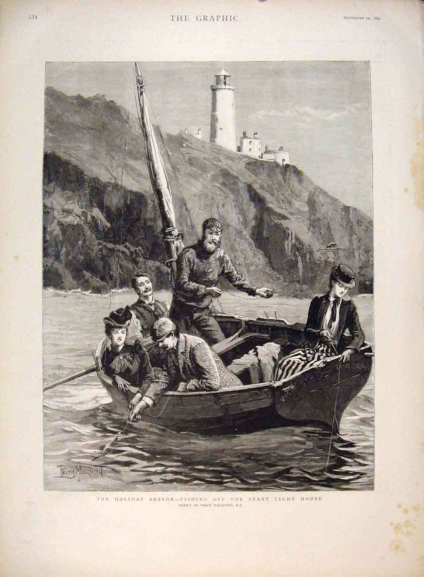 Original Old Antique Print Fishing Start Lighthouse Macquoid Holiday Season 1891