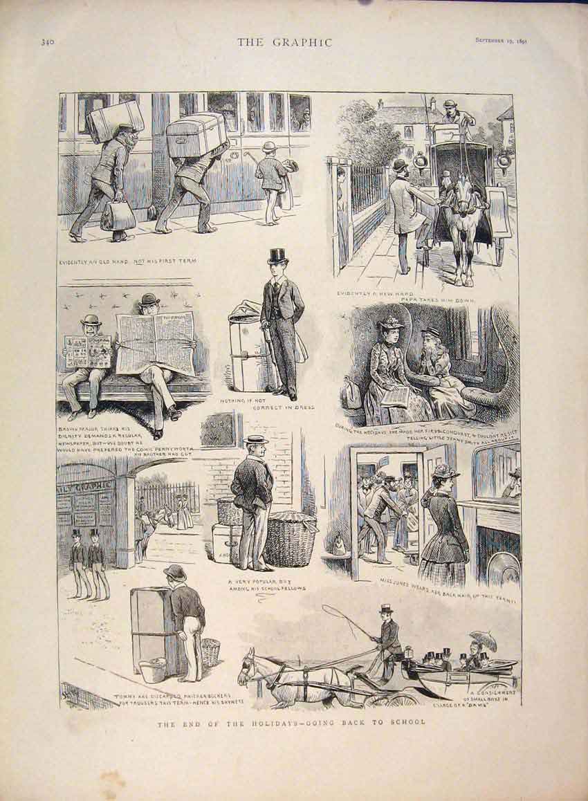 Original Old Antique Print Back To School Sketches 1891 19th Century