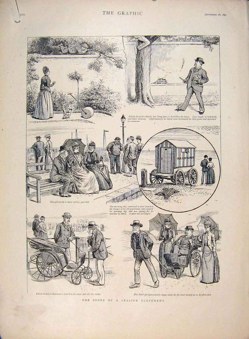 Original Old Antique Print Story Seaside Elopement Skethces 1891 19th