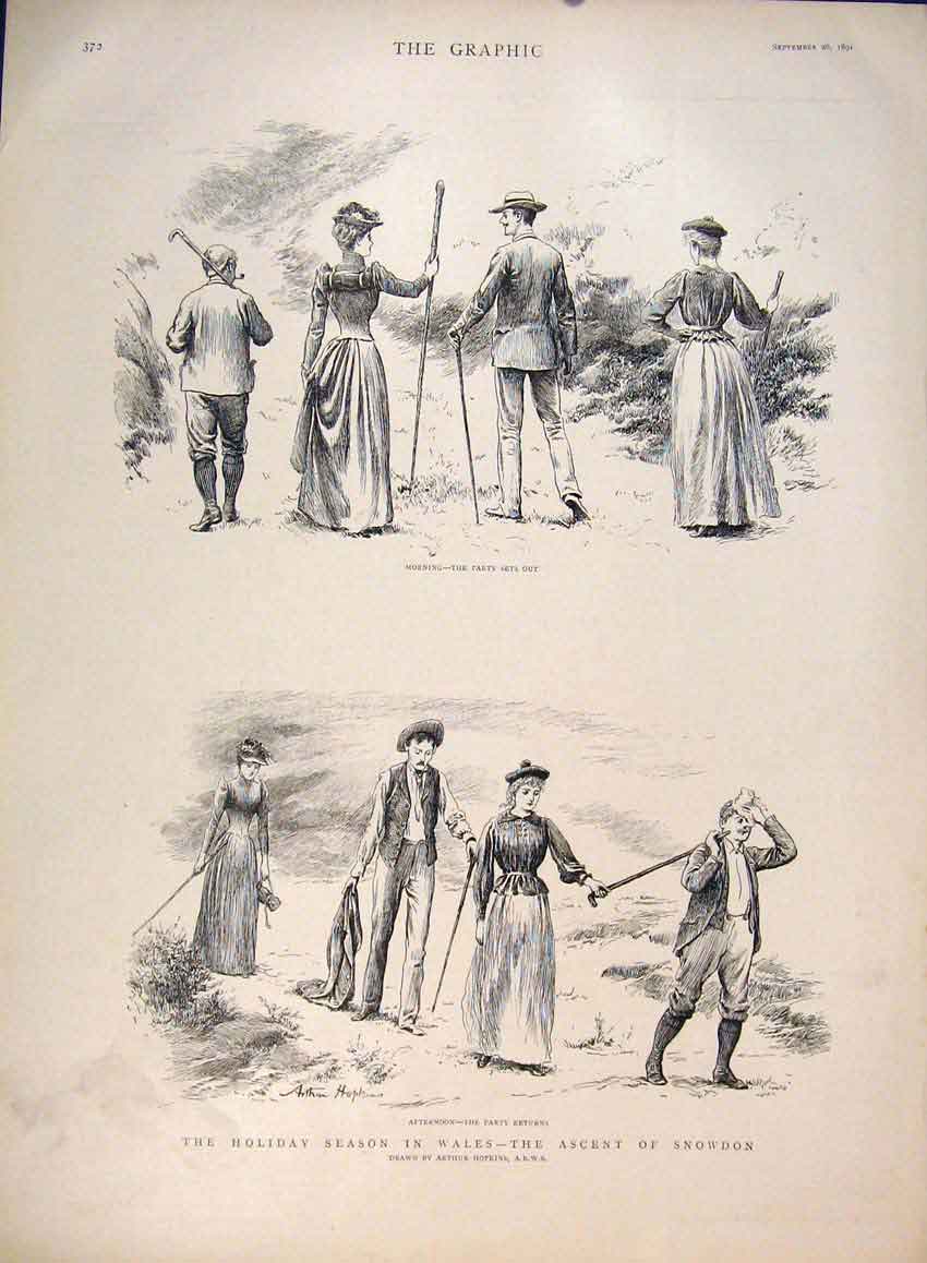 Original Old Antique Print Holiday Season Wales Snowdon Ascent Hopkins 1891 19th