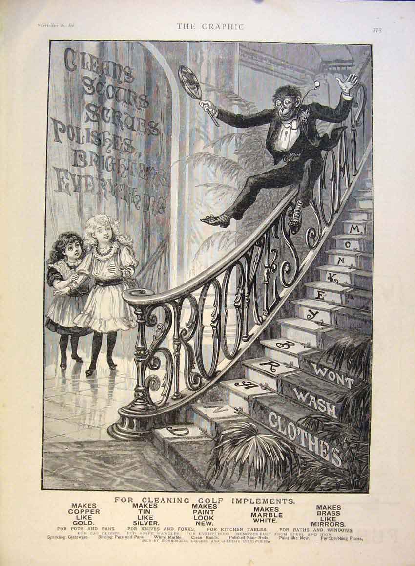 Old Antique Print Monkey Brand Soap Advertisement Staircase Children 1891 19th