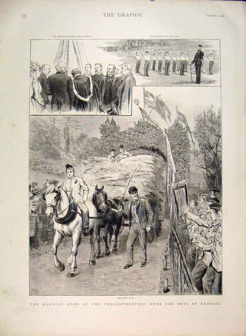 Original Old Antique Print Harvest Home Philanthropic Boys Redhill 1891 19th
