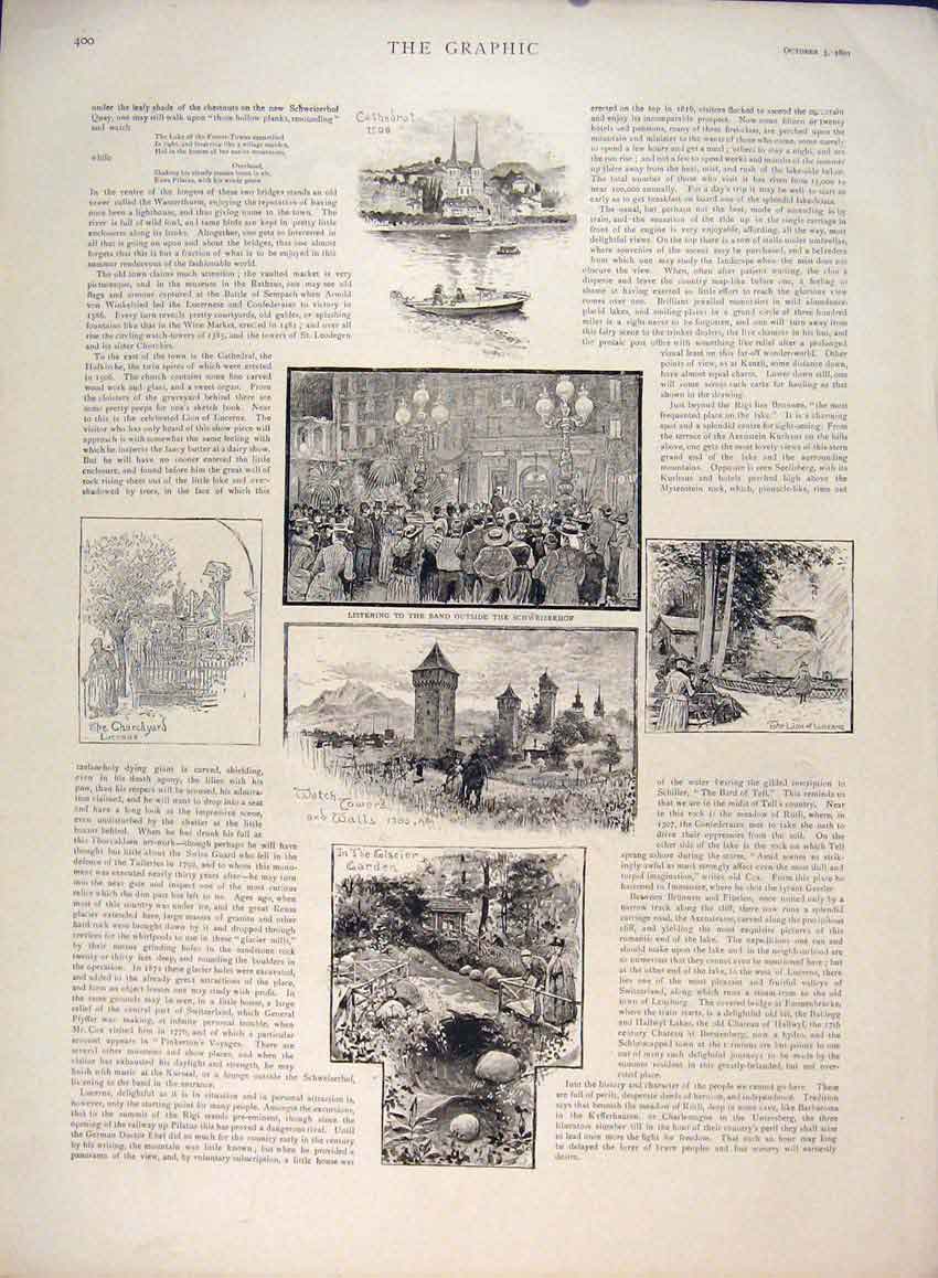 Original Old Antique Print Lucerne Switzerland SchweizerhTidmarsh 1891 19th