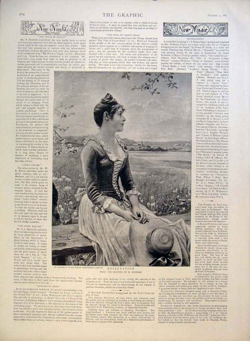 Original Old Antique Print Expectation Lady Menzler Fine Art 1891 19th