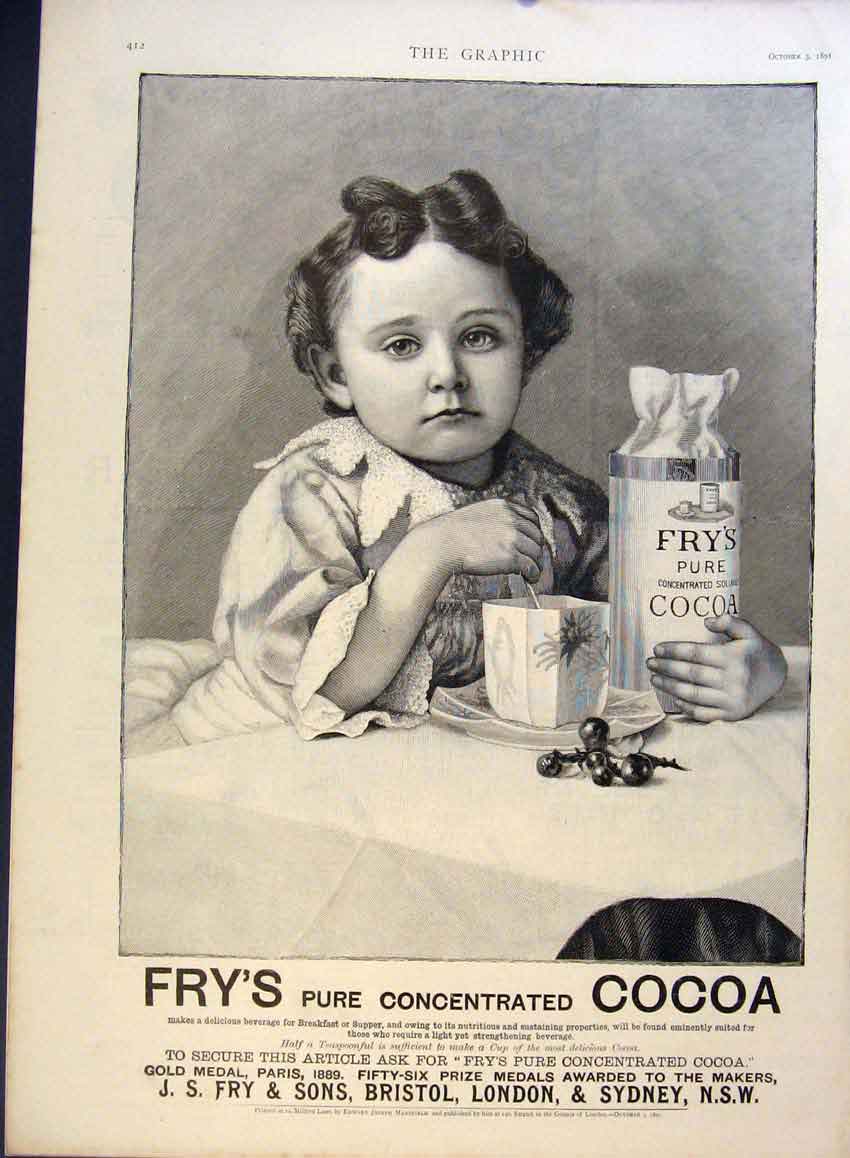 Original Old Antique Print Fry'S Concentrated Cocoa Advertisement Child 1891