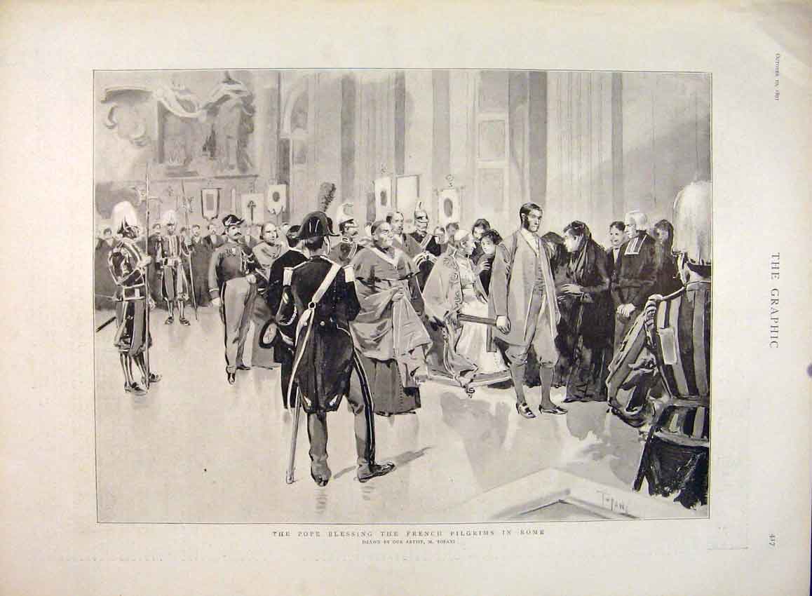 Original Old Antique Print Pope Blessing French Pilgrims Rome Italy Tofani 1891