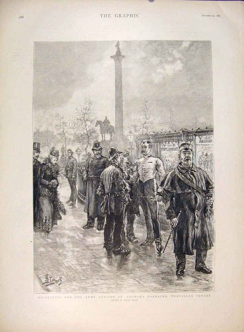 Original Old Antique Print Army Recruits Barracks Trafalgar Square Lanos 1891