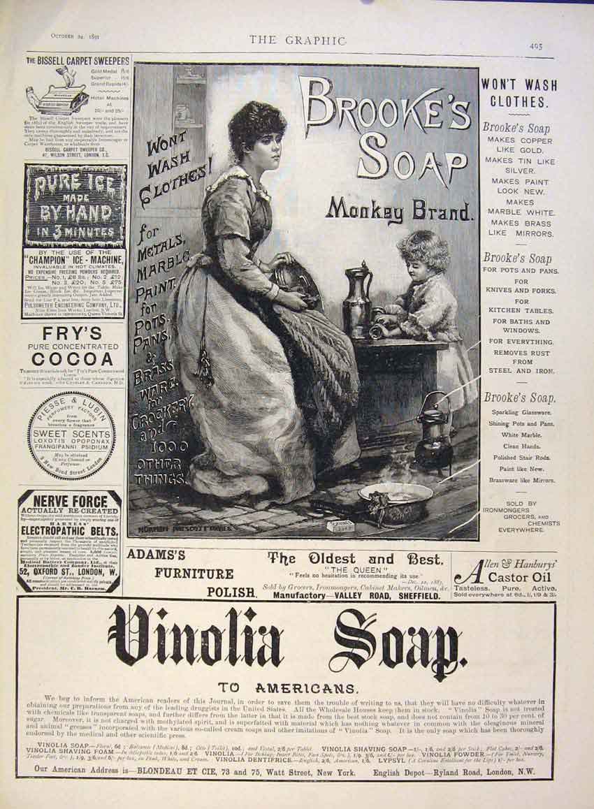 Original Old Antique Print Advert Brookes Monkey Brand Soap Vinolia 1891 19th