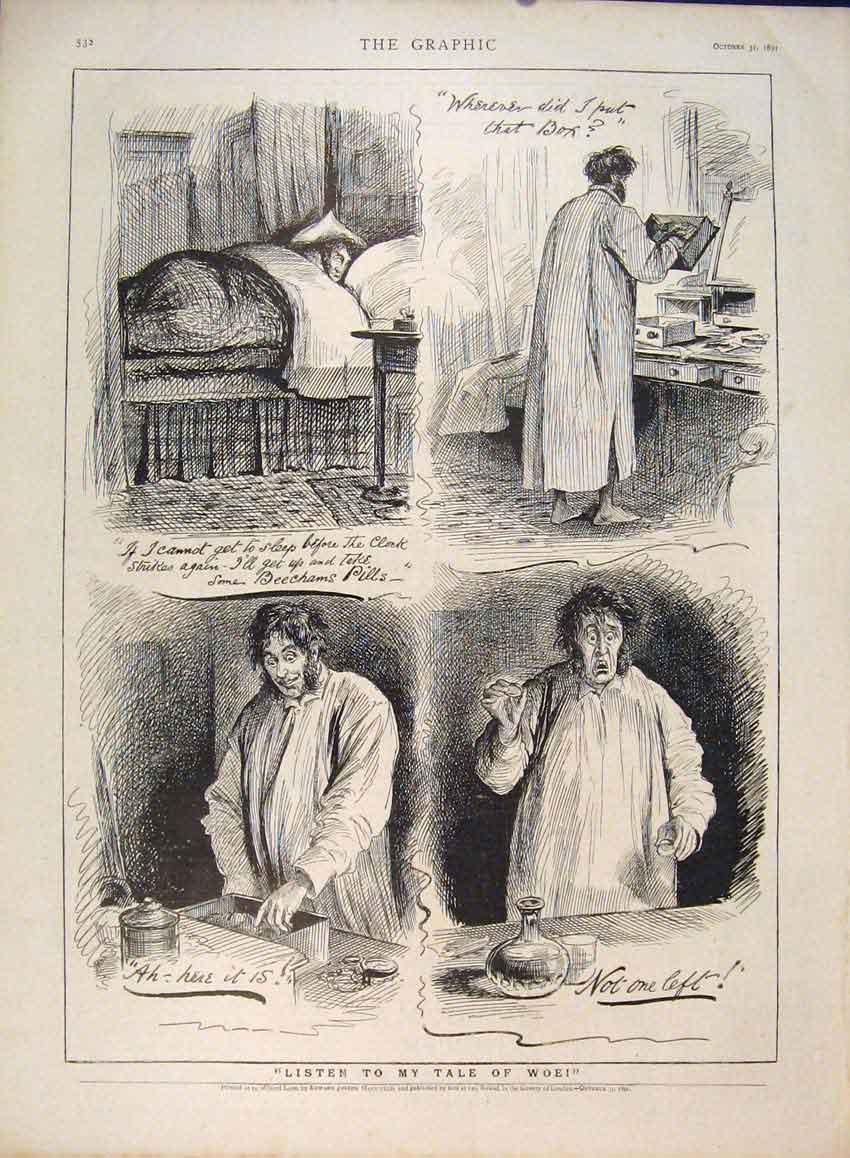 Original Old Antique Print Tale Woe Beecham'S Pills Advertisement 1891 Victorian