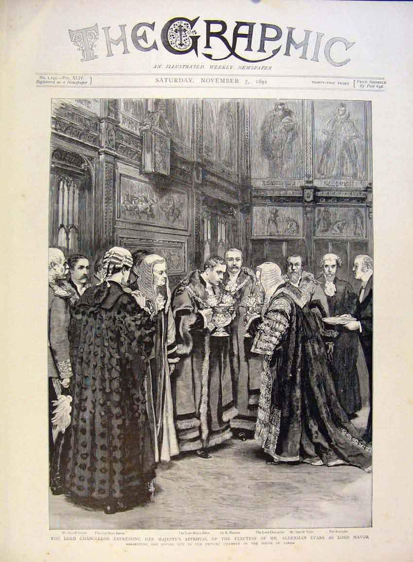 Original Old Antique Print Lord Chancellor Election Alderman Evans Mayor 1891