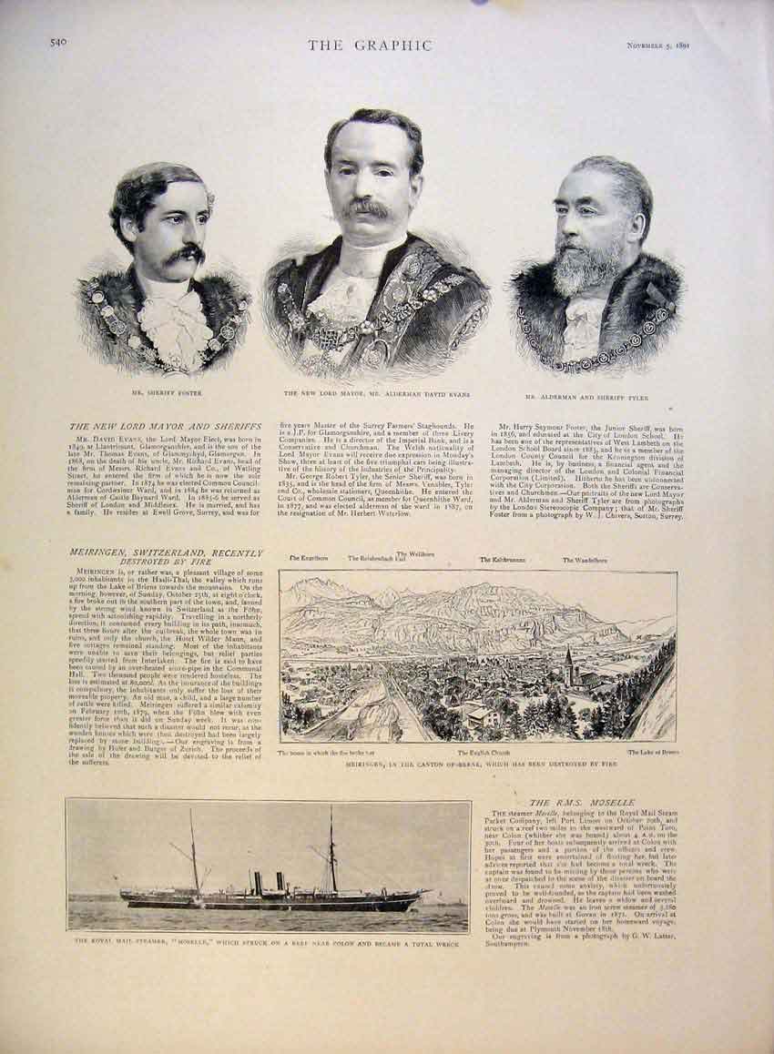 Original Old Antique Print Portrait Foster Mayor Evans Tyler Switzerland Moselle