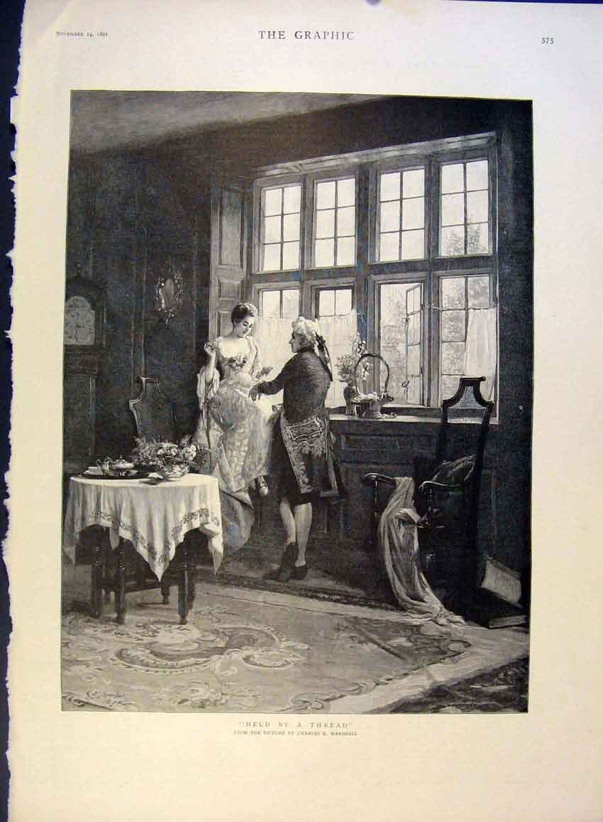 Original Old Antique Print Thread Marshall Lady Man Stitching Fine Art 1891 19th