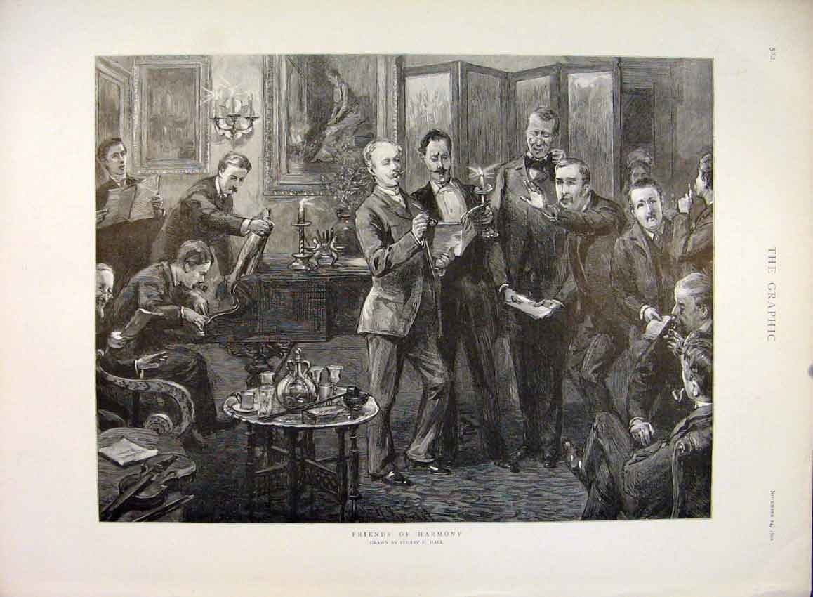 Original Old Antique Print Friends Harmony Hall Men Gentlemen Fine Art 1891 19th