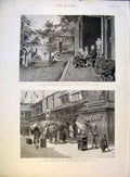 Original Old Antique Print Village Biwa Japan Japanese Theatre Fripp Earthquake