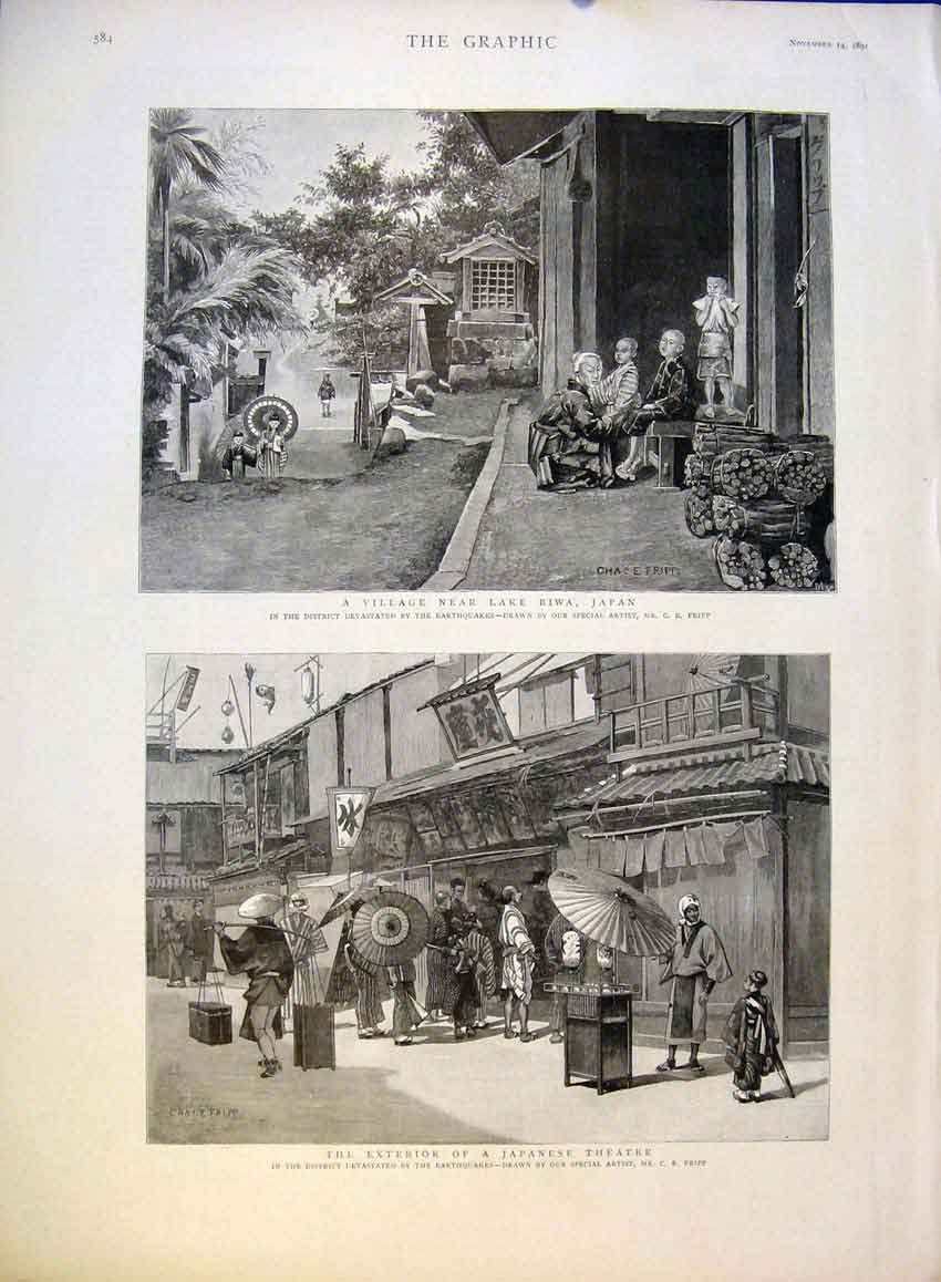 Original Old Antique Print Village Biwa Japan Japanese Theatre Fripp Earthquake