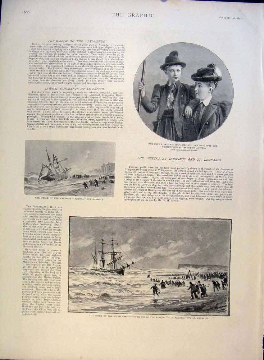 Original Old Antique Print Wreck Nerissa Barque Fluger Princess Stephanie 1891