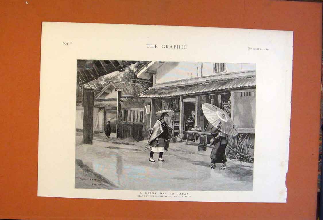 Original Old Antique Print Rainy Day Japan Fripp Shiyama Japanese People 1891