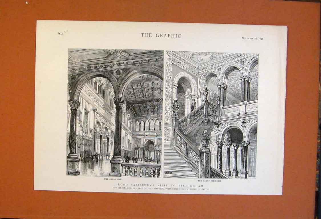 Original Old Antique Print Lord Salisbury Visit Birmingham Hewel Grange 1891