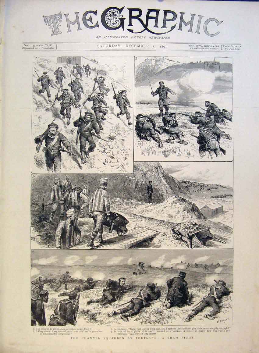 Original Old Antique Print Channel Squadron Portland Sham Fight 1891 Victorian