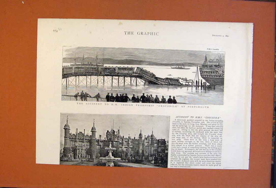 Original Old Antique Print Indian Troopship Crocodile Portsmouth Accident 1891