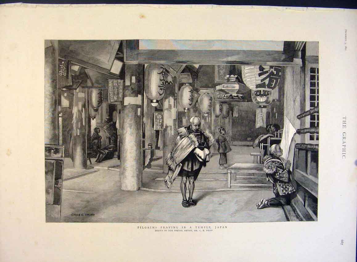 Original Old Antique Print Pilgrims Prayer Temple Japan Fripp Japanese 1891 19th