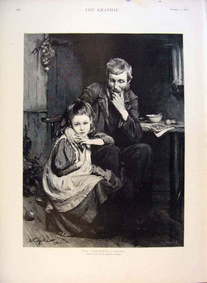 Original Old Antique Print Daughter Bairn Child Man Hacker 1891 Portrait 19th