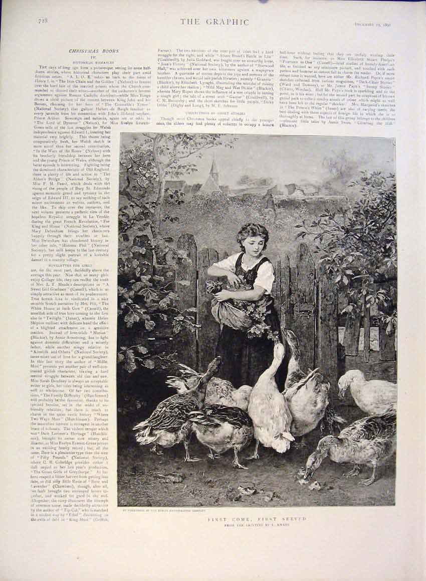Original Old Antique Print Knaus Girl Geese First Served Feeding Fine Art 1891