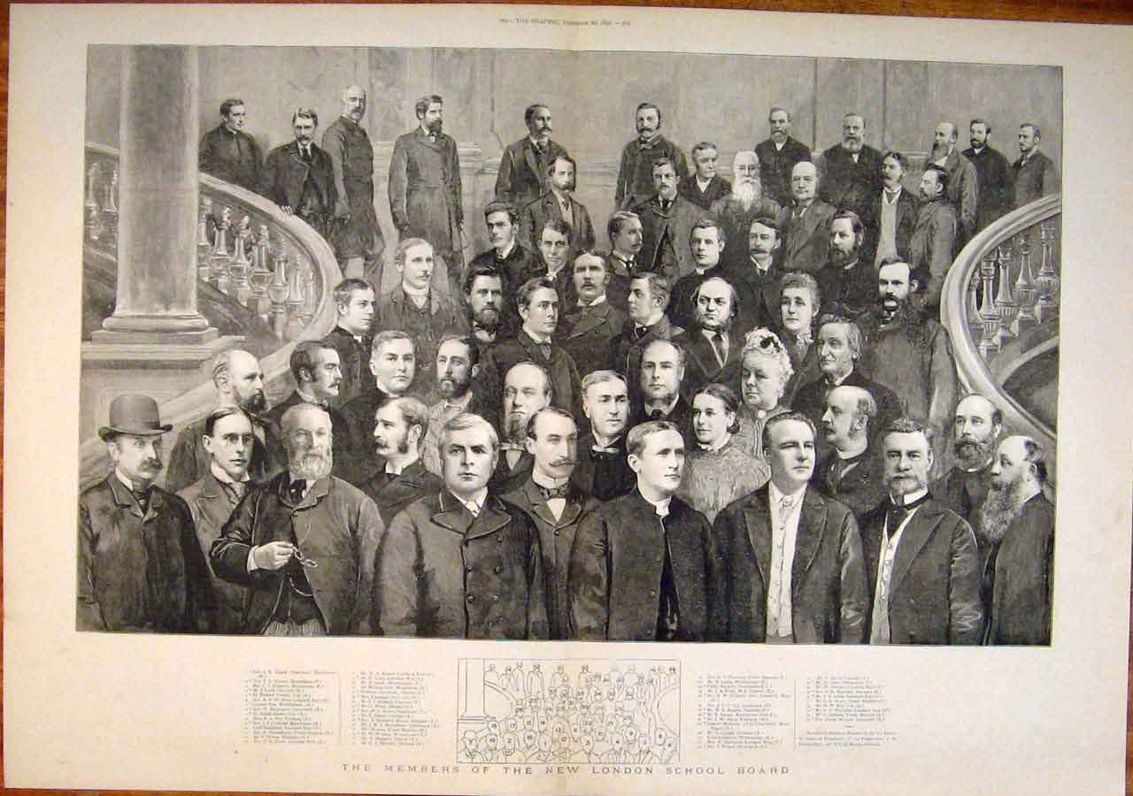 Original Old Antique Print Portrait Members London School Board Group 1891 19th