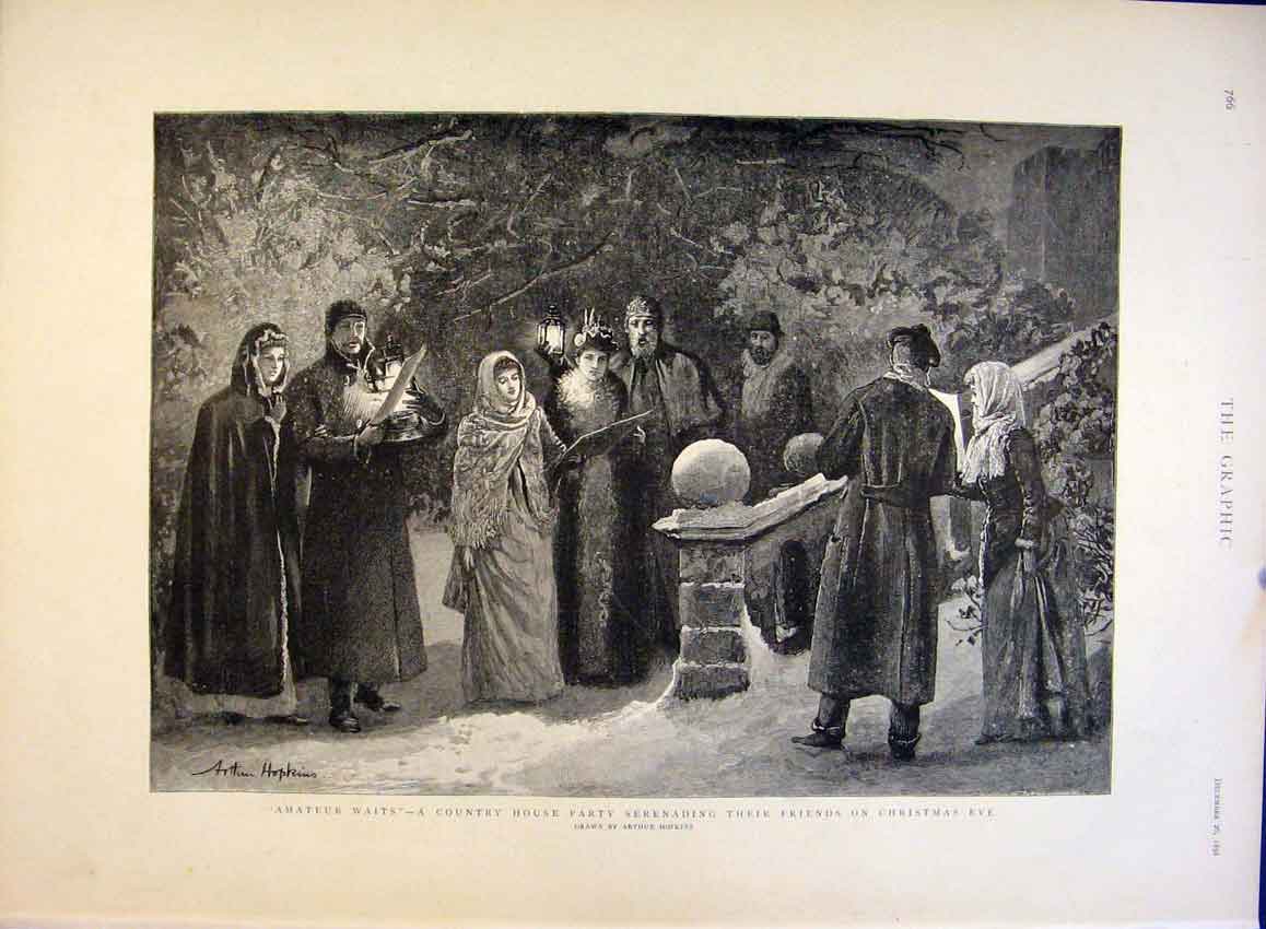 Original Old Antique Print Country House Party Christmas Eve Hopkins Choir 1891