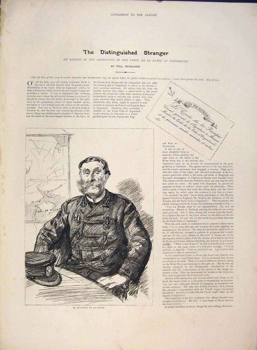 Original Old Antique Print Compte De La Rampte Portsmouth Renouard 1891 19th