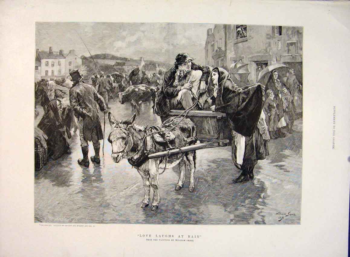 Original Old Antique Print Love Laughs Rain Lady Man Donkey Cart Small 1891 19th