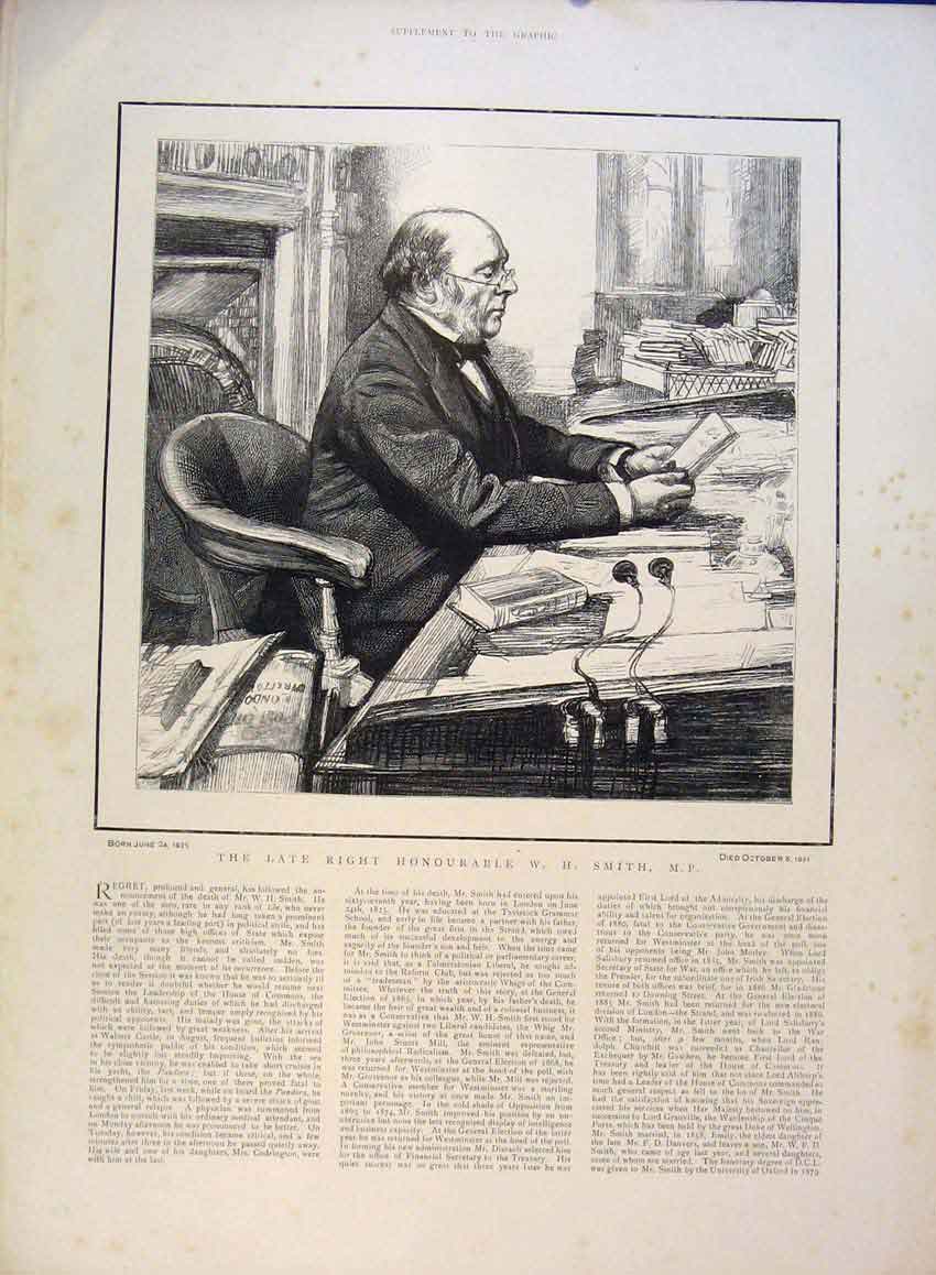 Original Old Antique Print Portrait Smith Politics House Commons 1891 Victorian