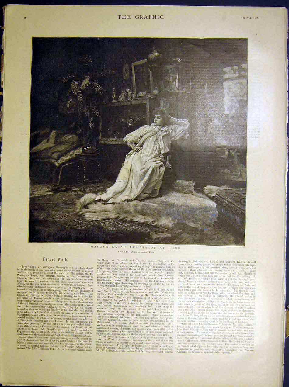 Original Old Antique Print Madame Sarah Bernhadt Portrait 1898 19th