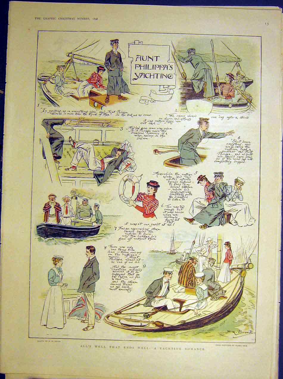 Original Old Antique Print Yacthing Romance Yacht Sketches 1898 19th