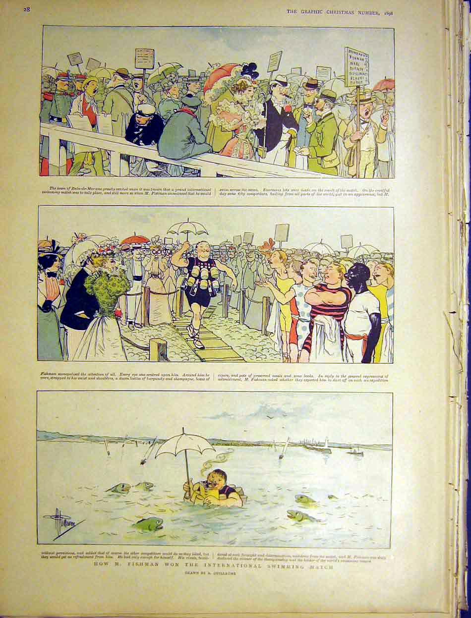 Original Old Antique Print Fishman International Swimming Match Guillaume 1898