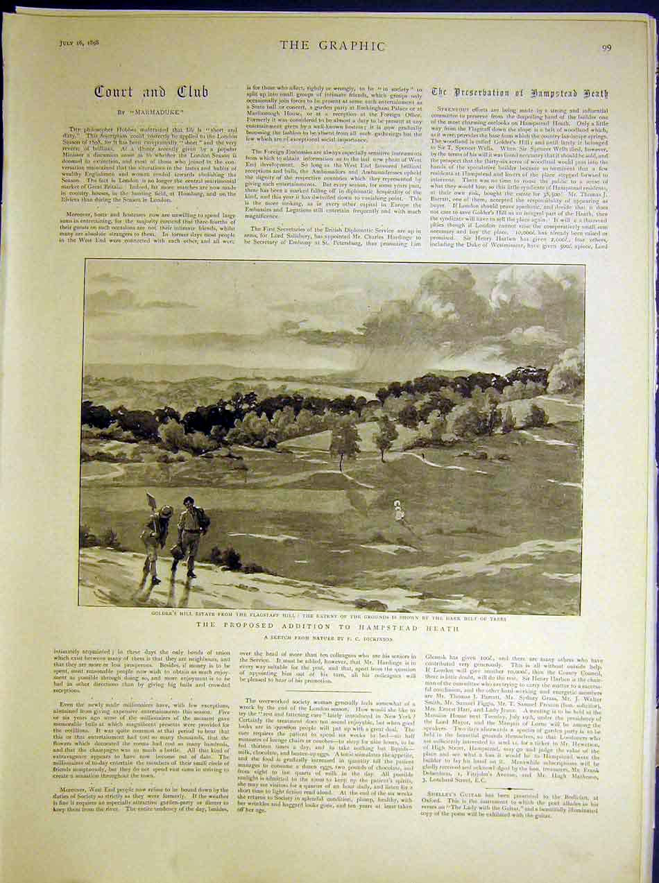 Original Old Antique Print Hampstead Heath Ger'S Hill Flagstaff Dickinson 1898