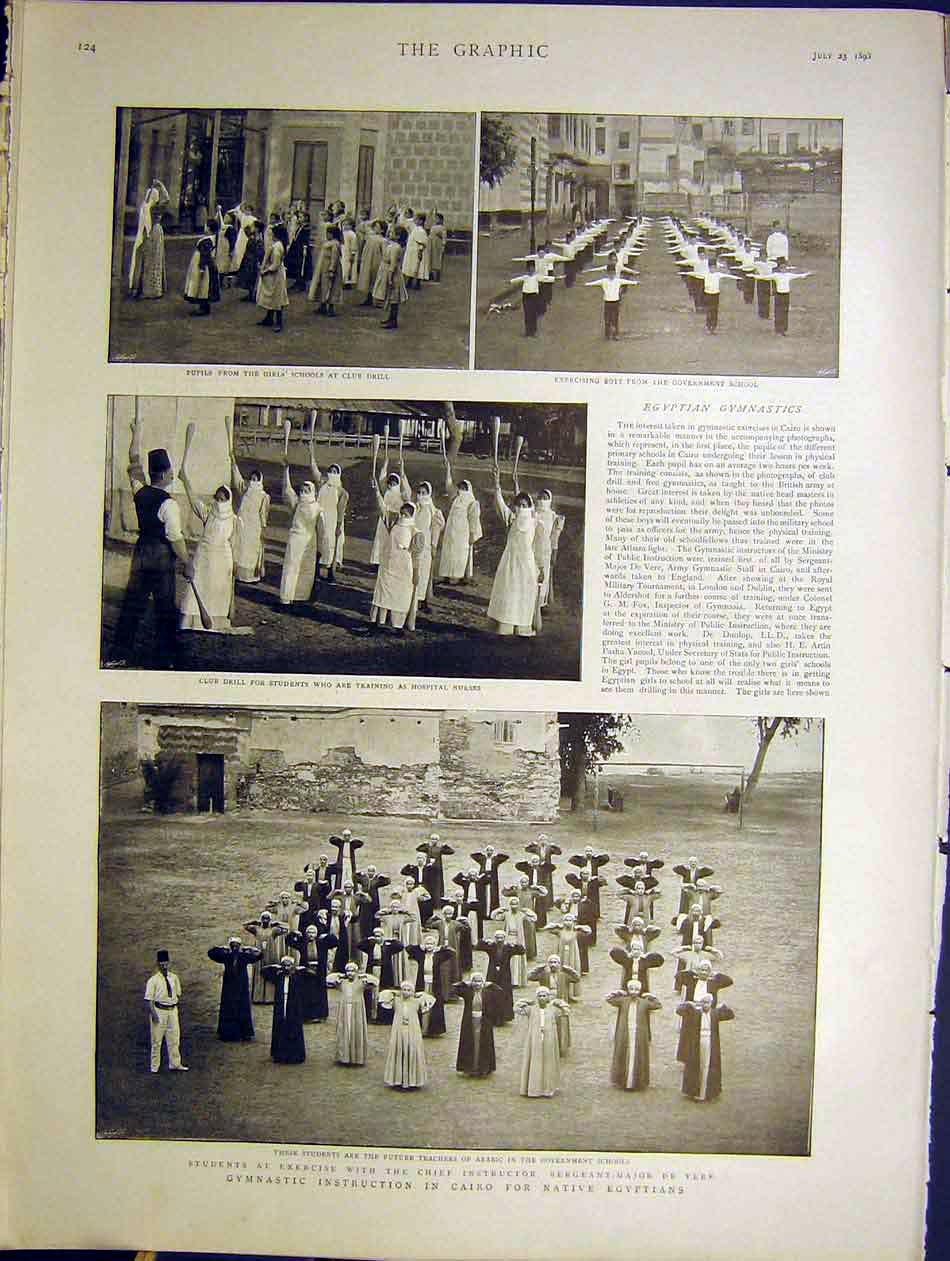 Original Old Antique Print De Vere Gymnastic Cairo Egypt Teachers Nurses 1898