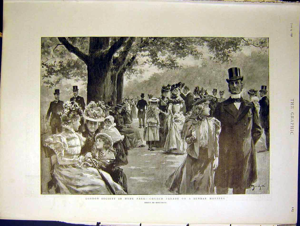 Original Old Antique Print London Society Hyde Park Church Parade Marchetti 1898