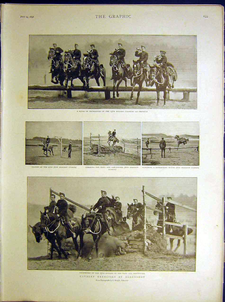 Original Old Antique Print Cavalry Excercises Aldershot Hussars Guards 1898 19th