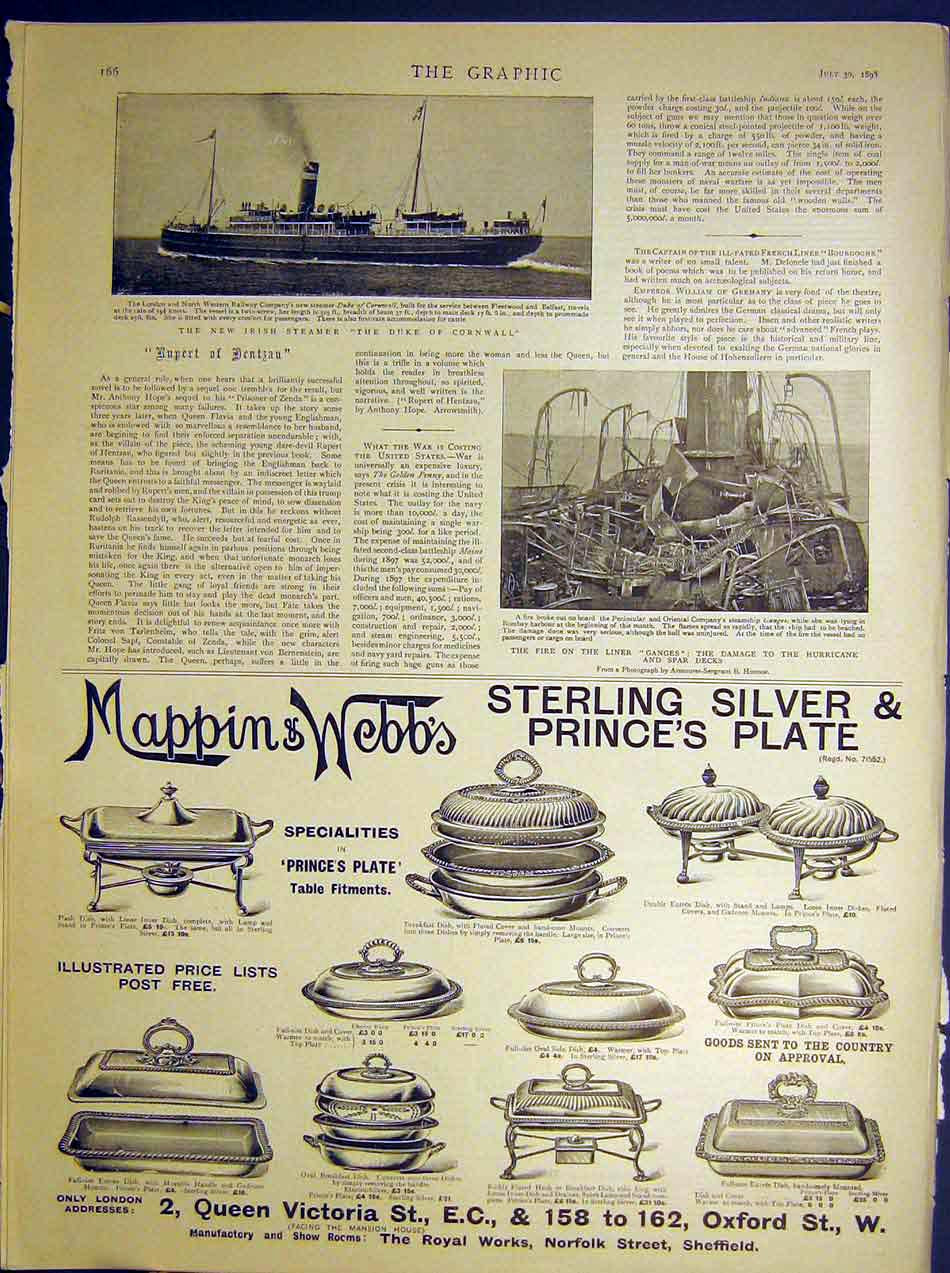 Original Old Antique Print Irish Steamer Duke Cornwall Liner Fire Ganges 1898